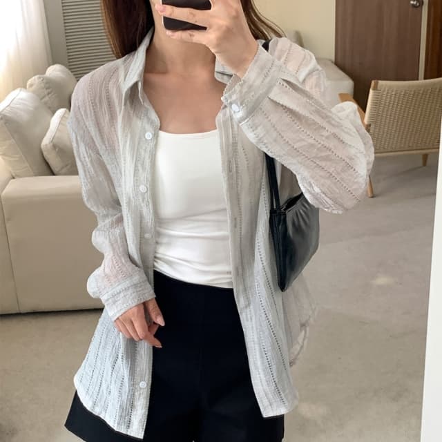 chic 한국 스타일 프랑스식 품격 캐주얼 휴가 싱글 줄 버튼 패션 루즈핏 다용도 얇은 스타일 긴팔 셔츠 맨위 상세 이미지 14