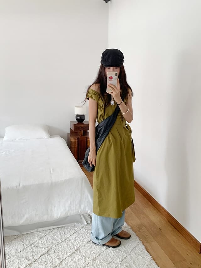chic 한 부서 여름 프랑스식 부드러운 달콤함 오프숄더 레이스업 허리 수축 느긋한 루즈핏 휴가 캐주얼 드레스 상세 이미지 4