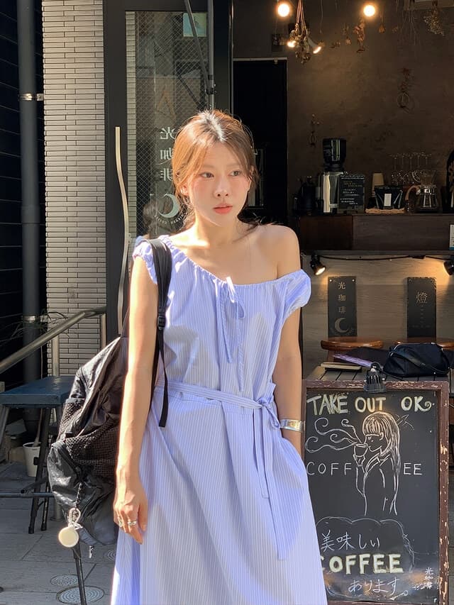 chic 한 부서 여름 프랑스식 부드러운 달콤함 오프숄더 레이스업 허리 수축 느긋한 루즈핏 휴가 캐주얼 드레스 상세 이미지 9