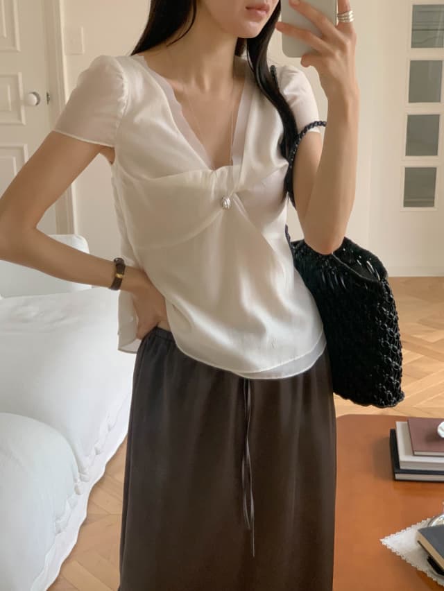 chic 한 부서 여름 달콤함 작은 대중 디자인 센스 프랑스식 V넥 이중층 Chic 거품 소매 쉬폰 블라우스 맨위 이미지 2
