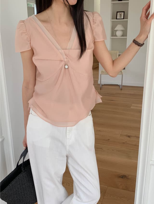 chic 한 부서 여름 달콤함 작은 대중 디자인 센스 프랑스식 V넥 이중층 Chic 거품 소매 쉬폰 블라우스 맨위 이미지 4
