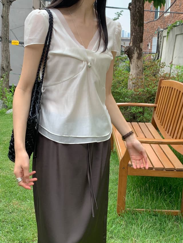 chic 한 부서 여름 달콤함 작은 대중 디자인 센스 프랑스식 V넥 이중층 Chic 거품 소매 쉬폰 블라우스 맨위 상세 이미지 1