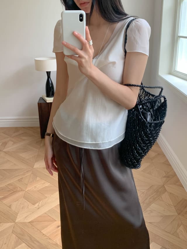 chic 한 부서 여름 달콤함 작은 대중 디자인 센스 프랑스식 V넥 이중층 Chic 거품 소매 쉬폰 블라우스 맨위 상세 이미지 2