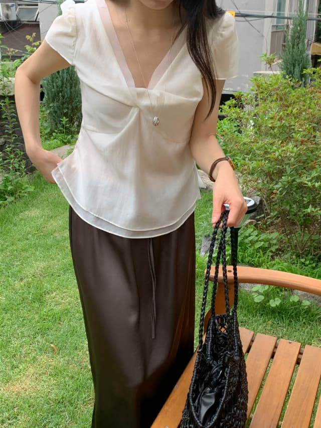 chic 한 부서 여름 달콤함 작은 대중 디자인 센스 프랑스식 V넥 이중층 Chic 거품 소매 쉬폰 블라우스 맨위 상세 이미지 3