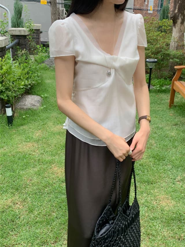chic 한 부서 여름 달콤함 작은 대중 디자인 센스 프랑스식 V넥 이중층 Chic 거품 소매 쉬폰 블라우스 맨위 상세 이미지 5