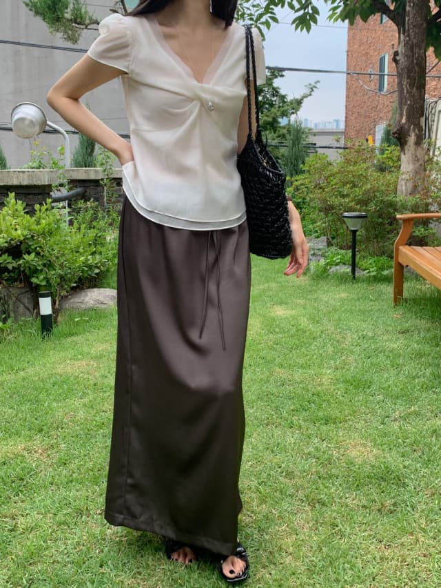 chic 한 부서 여름 달콤함 작은 대중 디자인 센스 프랑스식 V넥 이중층 Chic 거품 소매 쉬폰 블라우스 맨위 상세 이미지 6