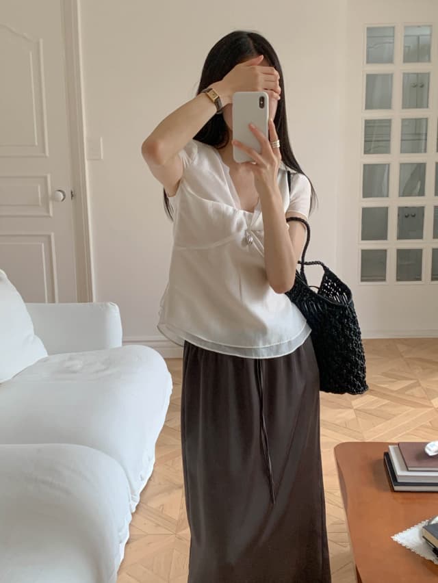 chic 한 부서 여름 달콤함 작은 대중 디자인 센스 프랑스식 V넥 이중층 Chic 거품 소매 쉬폰 블라우스 맨위 상세 이미지 7