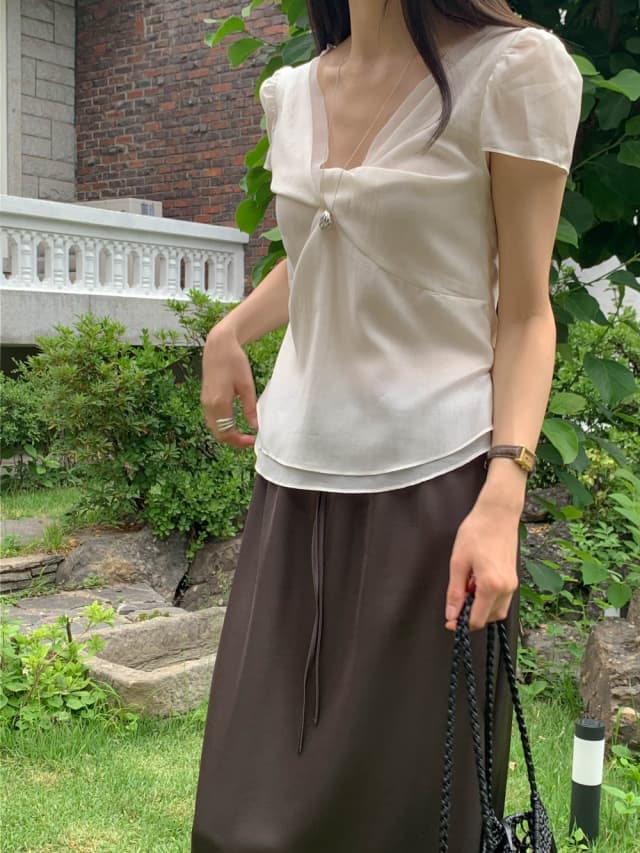 chic 한 부서 여름 달콤함 작은 대중 디자인 센스 프랑스식 V넥 이중층 Chic 거품 소매 쉬폰 블라우스 맨위 상세 이미지 8