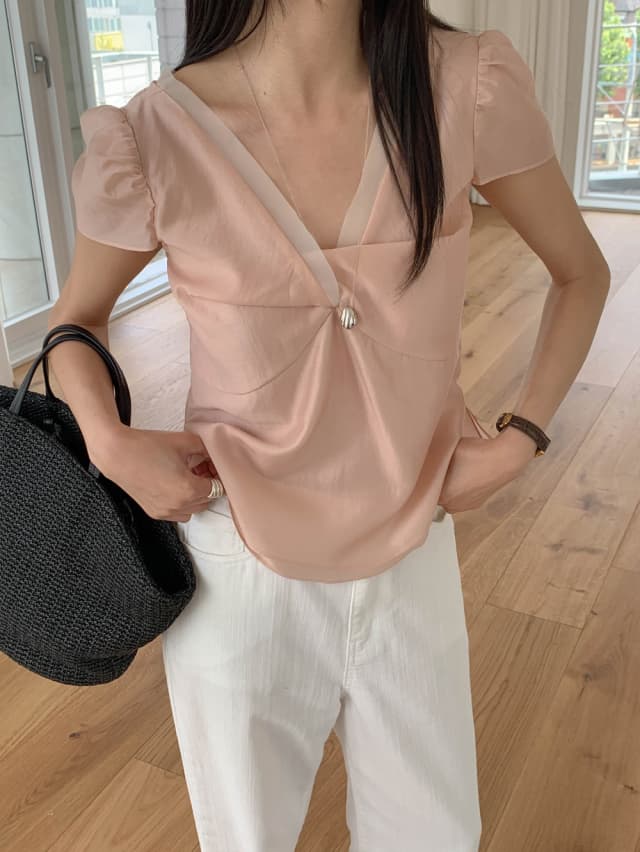 chic 한 부서 여름 달콤함 작은 대중 디자인 센스 프랑스식 V넥 이중층 Chic 거품 소매 쉬폰 블라우스 맨위 상세 이미지 9