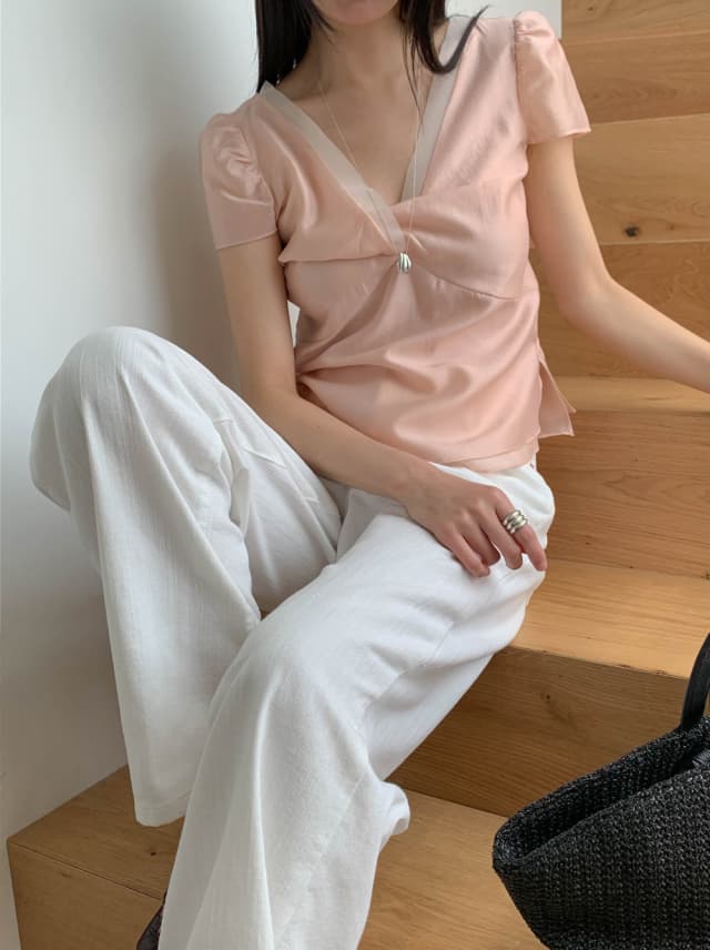chic 한 부서 여름 달콤함 작은 대중 디자인 센스 프랑스식 V넥 이중층 Chic 거품 소매 쉬폰 블라우스 맨위 상세 이미지 10