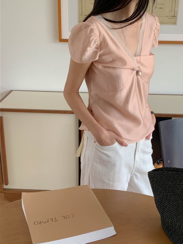 chic 한 부서 여름 달콤함 작은 대중 디자인 센스 프랑스식 V넥 이중층 Chic 거품 소매 쉬폰 블라우스 맨위 상세 이미지 12