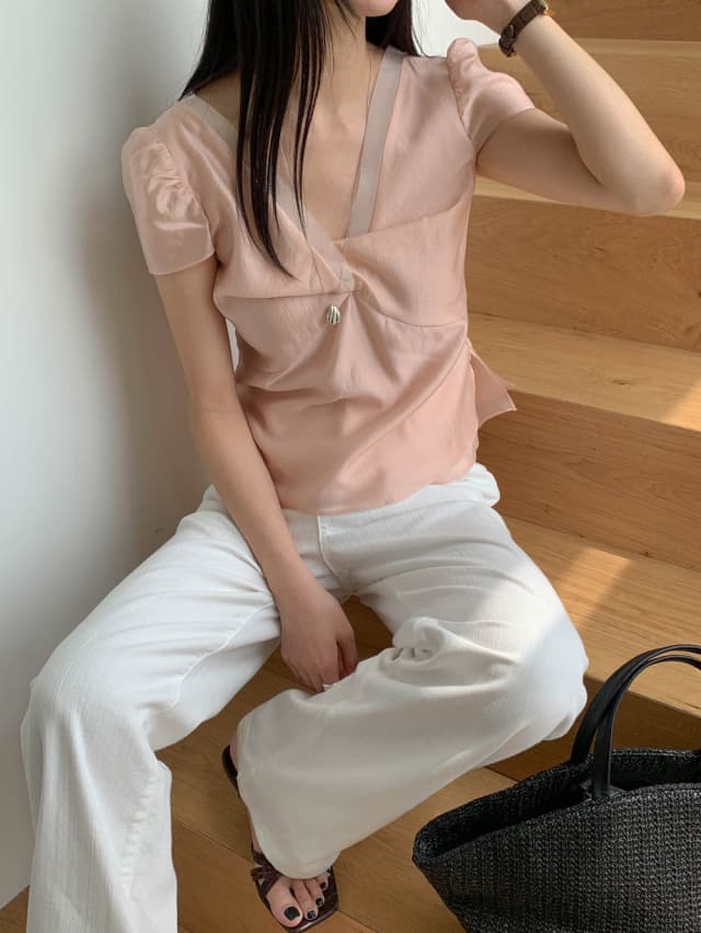 chic 한 부서 여름 달콤함 작은 대중 디자인 센스 프랑스식 V넥 이중층 Chic 거품 소매 쉬폰 블라우스 맨위 상세 이미지 13