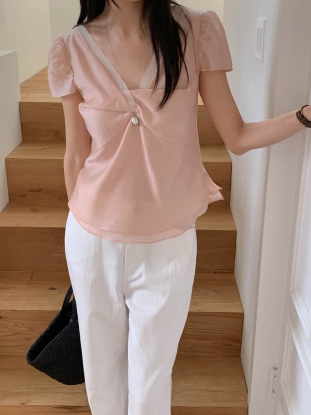 chic 한 부서 여름 달콤함 작은 대중 디자인 센스 프랑스식 V넥 이중층 Chic 거품 소매 쉬폰 블라우스 맨위 상세 이미지 15