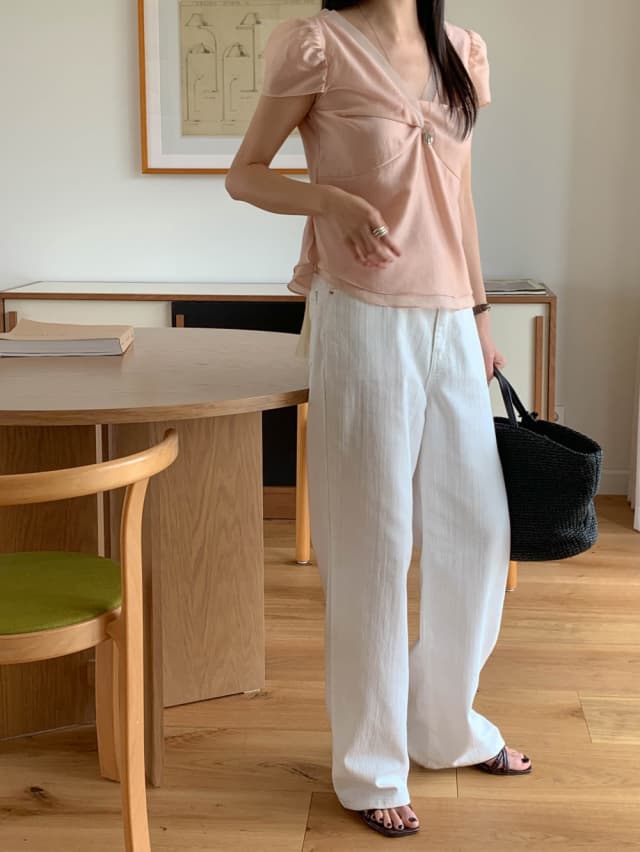 chic 한 부서 여름 달콤함 작은 대중 디자인 센스 프랑스식 V넥 이중층 Chic 거품 소매 쉬폰 블라우스 맨위 상세 이미지 17