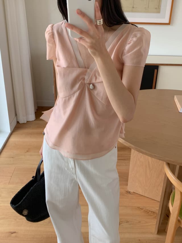 chic 한 부서 여름 달콤함 작은 대중 디자인 센스 프랑스식 V넥 이중층 Chic 거품 소매 쉬폰 블라우스 맨위 상세 이미지 18