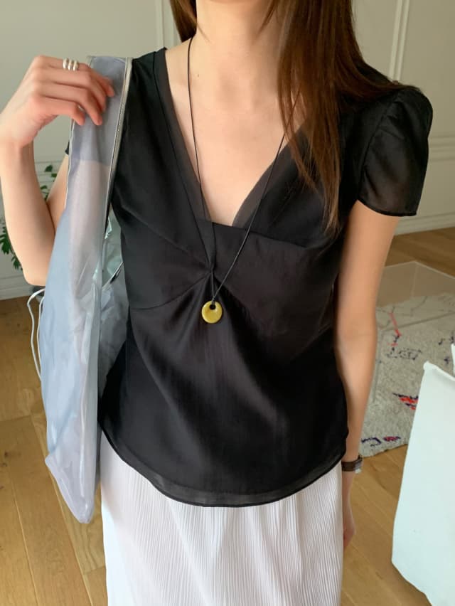 chic 한 부서 여름 달콤함 작은 대중 디자인 센스 프랑스식 V넥 이중층 Chic 거품 소매 쉬폰 블라우스 맨위 상세 이미지 21