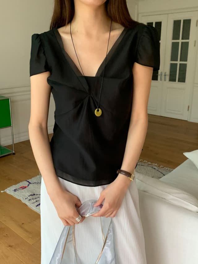 chic 한 부서 여름 달콤함 작은 대중 디자인 센스 프랑스식 V넥 이중층 Chic 거품 소매 쉬폰 블라우스 맨위 상세 이미지 22