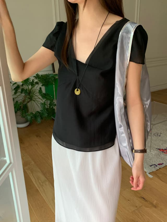 chic 한 부서 여름 달콤함 작은 대중 디자인 센스 프랑스식 V넥 이중층 Chic 거품 소매 쉬폰 블라우스 맨위 상세 이미지 23