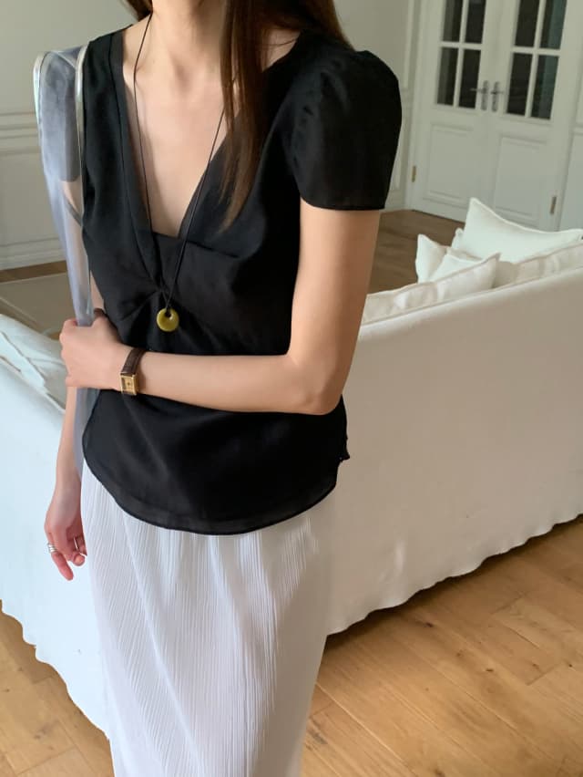 chic 한 부서 여름 달콤함 작은 대중 디자인 센스 프랑스식 V넥 이중층 Chic 거품 소매 쉬폰 블라우스 맨위 상세 이미지 25