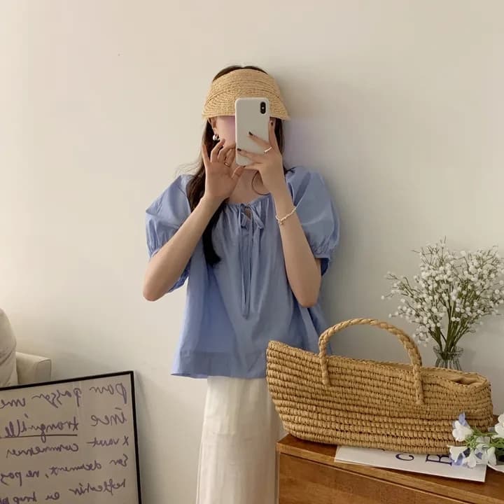 chic 여름 한국 스타일 미니멀리즘 달콤함 레이스업 거품 소매 느긋한 캐주얼 휴가 다용도 셔츠 맨위