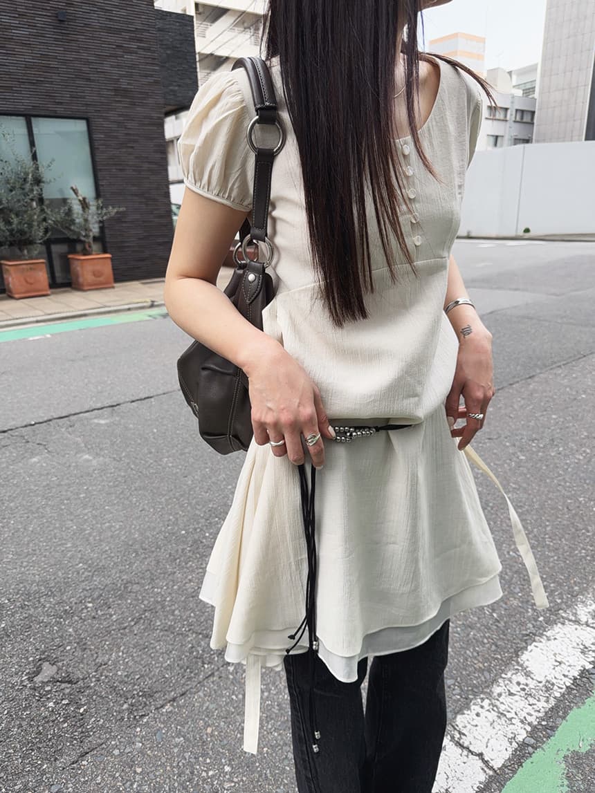 chic 한 부서 여름 프랑스식 부드러운 품격 레이스업 허리 수축 거품 소매 더블 계단식 착용 다용도 드레스 이미지 2