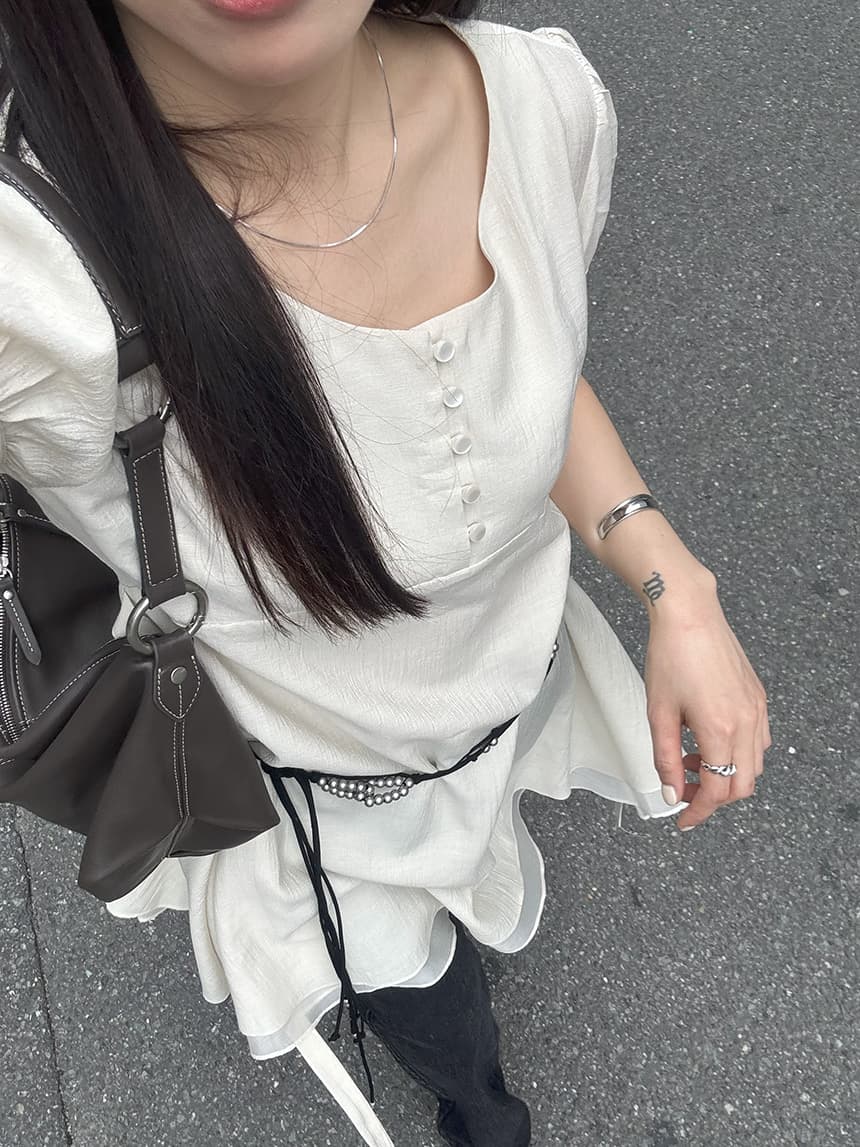 chic 한 부서 여름 프랑스식 부드러운 품격 레이스업 허리 수축 거품 소매 더블 계단식 착용 다용도 드레스 상세 이미지 5
