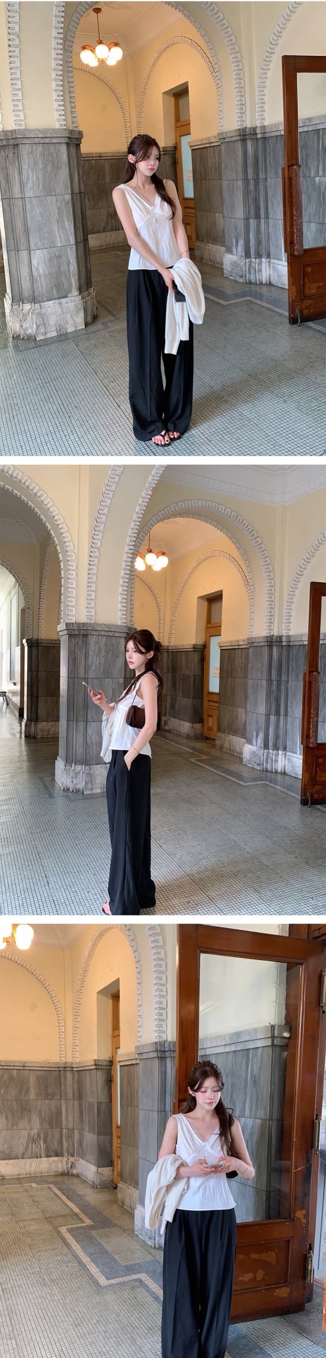 chic 한 부서 여름 프랑스식 V넥 부드러운 달콤함 레이스 허리 수축 슬림해 보이는 다용도 민소매 조끼 맨위 상세 이미지 3