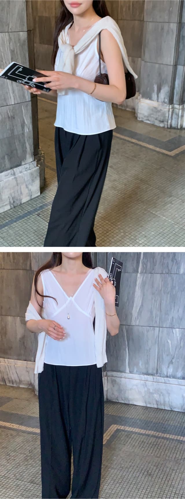 chic 한 부서 여름 프랑스식 V넥 부드러운 달콤함 레이스 허리 수축 슬림해 보이는 다용도 민소매 조끼 맨위 상세 이미지 5