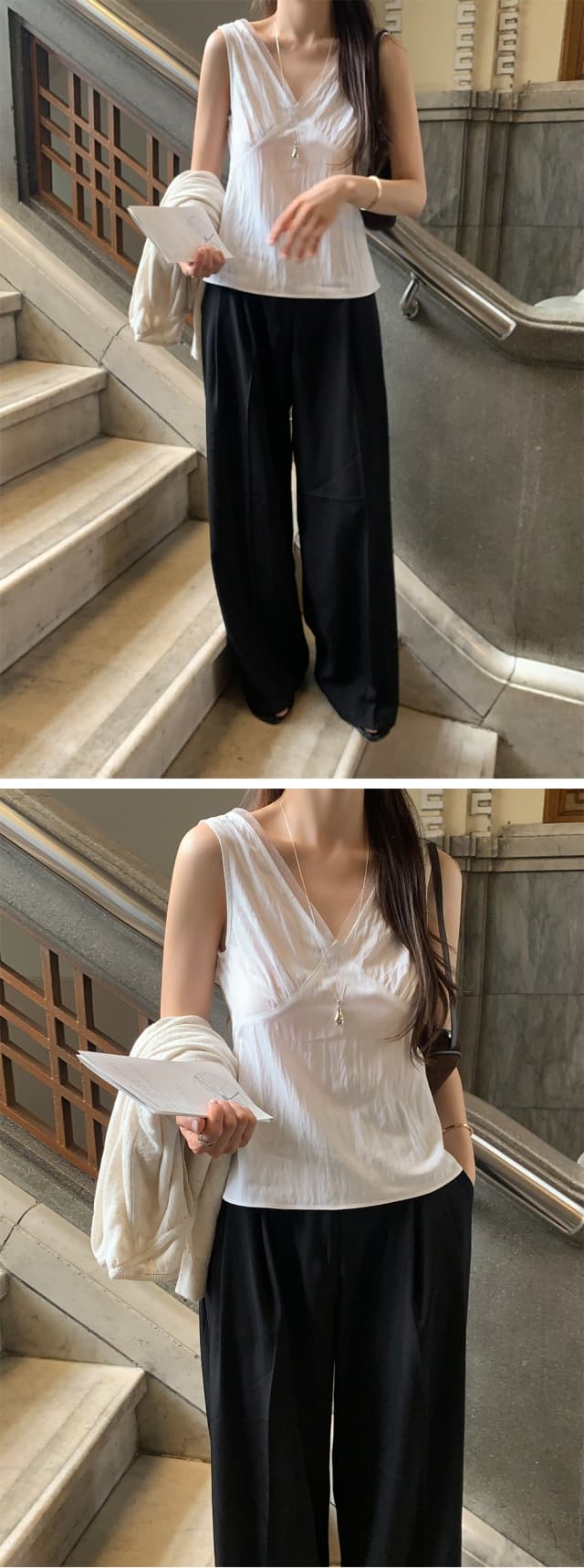 chic 한 부서 여름 프랑스식 V넥 부드러운 달콤함 레이스 허리 수축 슬림해 보이는 다용도 민소매 조끼 맨위 상세 이미지 11