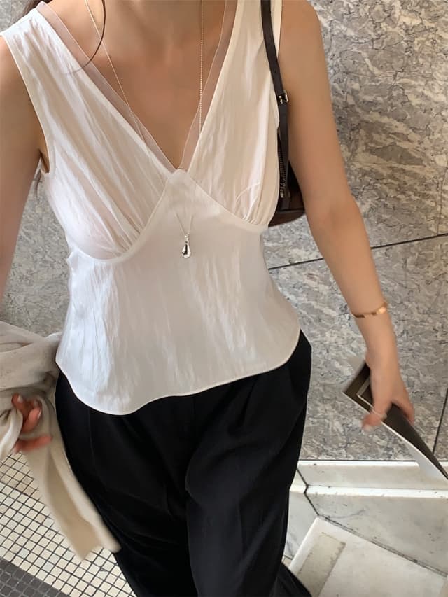 chic 한 부서 여름 프랑스식 V넥 부드러운 달콤함 레이스 허리 수축 슬림해 보이는 다용도 민소매 조끼 맨위 상세 이미지 14