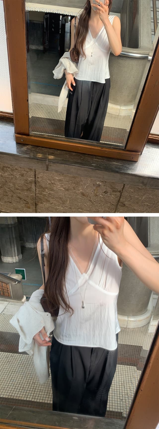 chic 한 부서 여름 프랑스식 V넥 부드러운 달콤함 레이스 허리 수축 슬림해 보이는 다용도 민소매 조끼 맨위 상세 이미지 16