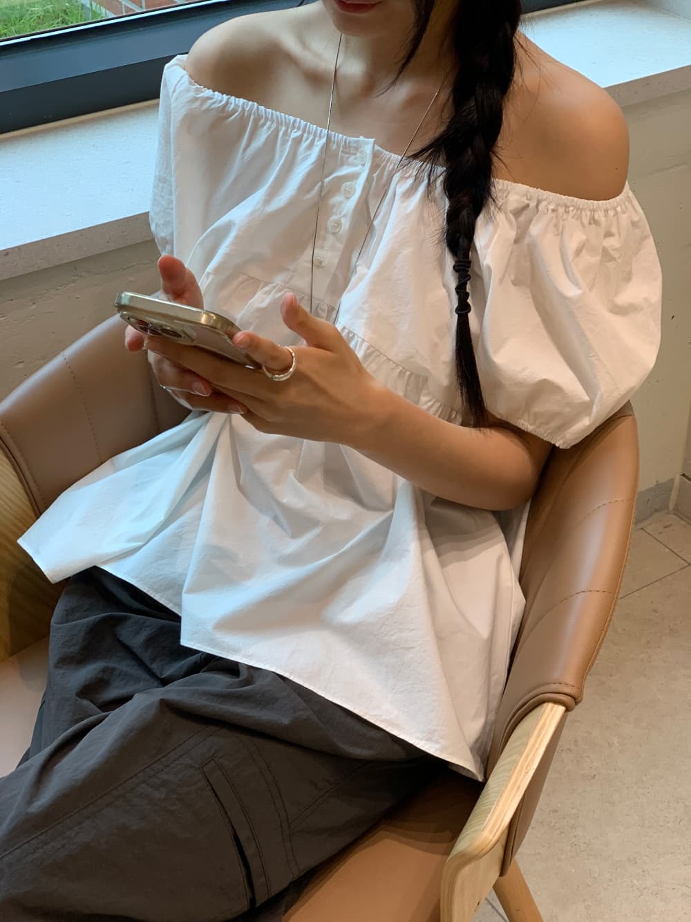 chic 한국 여름 프랑스식 외국 가스 보트넥 오프숄더 거품 소매 패션 다용도 인형 셔츠 셔츠 맨위 상세 이미지 20