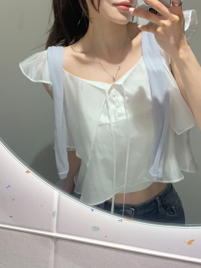 chic 한 부서 여름 프랑스식 Chic 달콤함 작은 대중 더블 계단식 착용 Feifei 소매 품격 다용도 스웨터 맨위 상세 이미지 1