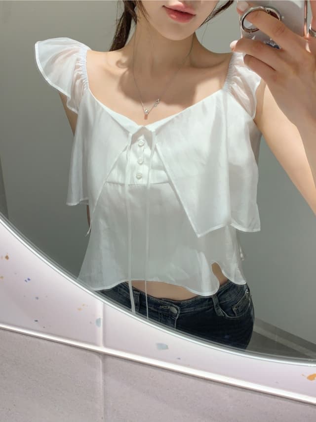 chic 한 부서 여름 프랑스식 Chic 달콤함 작은 대중 더블 계단식 착용 Feifei 소매 품격 다용도 스웨터 맨위 상세 이미지 2