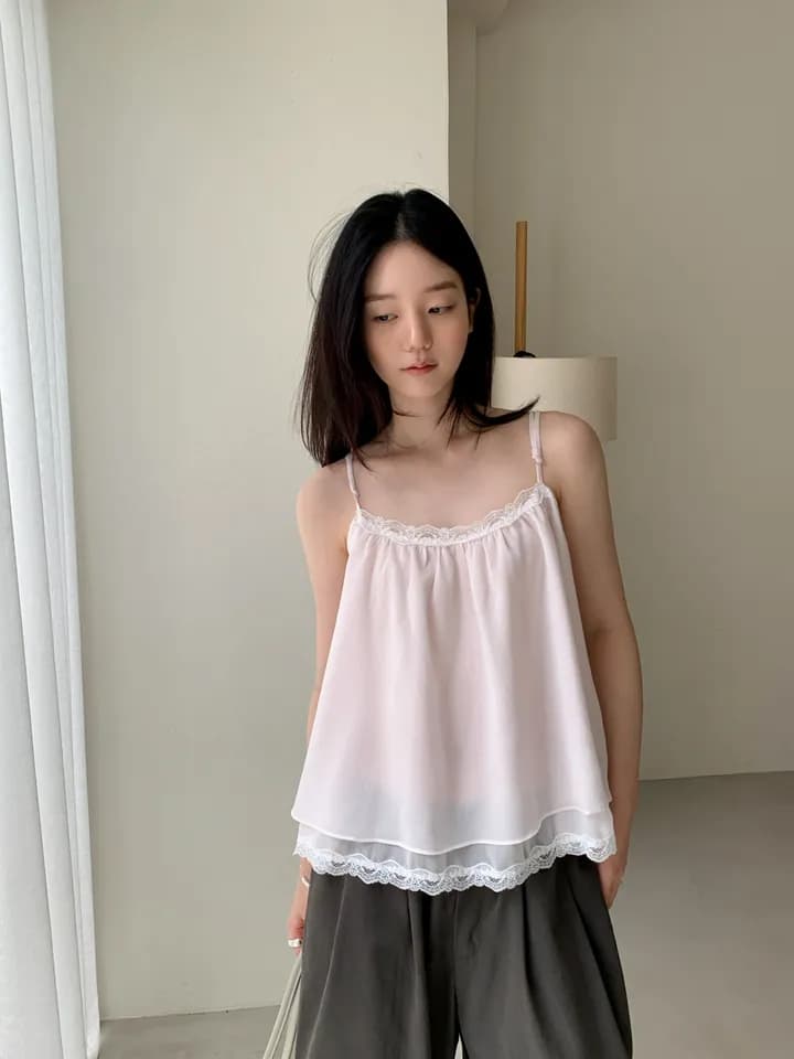 chic 한 부서 여름 프랑스식 섹시함 순수한 욕망 레이스 레이스 달콤함 더블 계단식 착용 민소매 슬립 쉬폰 톱 이미지 4
