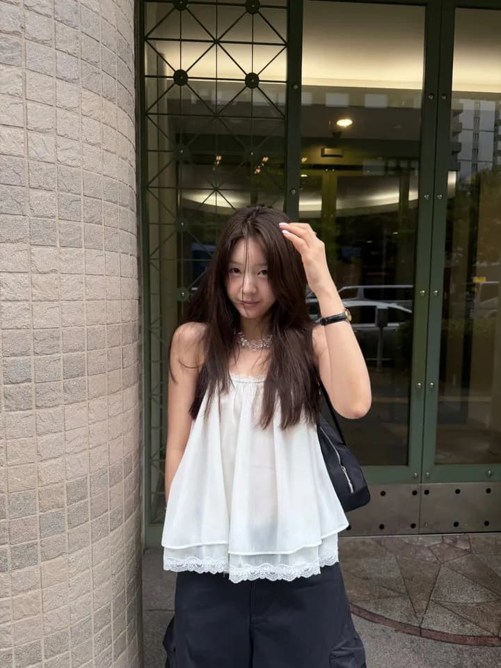 chic 한 부서 여름 프랑스식 섹시함 순수한 욕망 레이스 레이스 달콤함 더블 계단식 착용 민소매 슬립 쉬폰 톱 상세 이미지 4