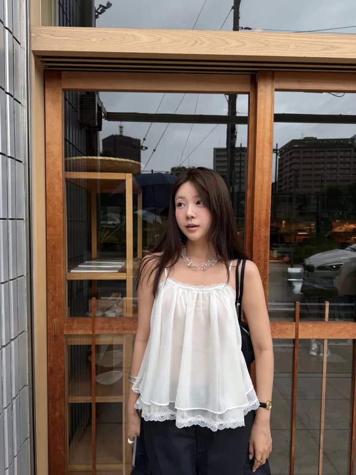 chic 한 부서 여름 프랑스식 섹시함 순수한 욕망 레이스 레이스 달콤함 더블 계단식 착용 민소매 슬립 쉬폰 톱 상세 이미지 5