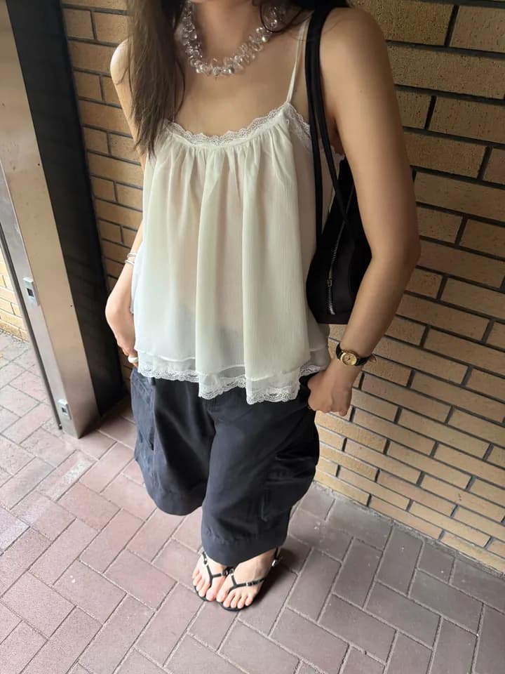 chic 한 부서 여름 프랑스식 섹시함 순수한 욕망 레이스 레이스 달콤함 더블 계단식 착용 민소매 슬립 쉬폰 톱 상세 이미지 9