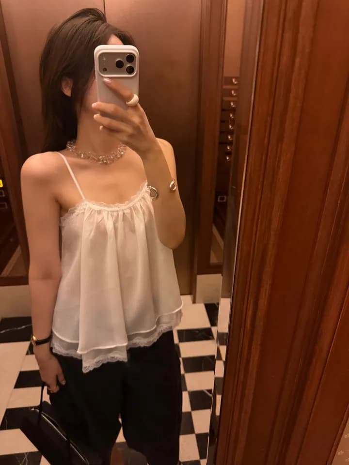 chic 한 부서 여름 프랑스식 섹시함 순수한 욕망 레이스 레이스 달콤함 더블 계단식 착용 민소매 슬립 쉬폰 톱 상세 이미지 12