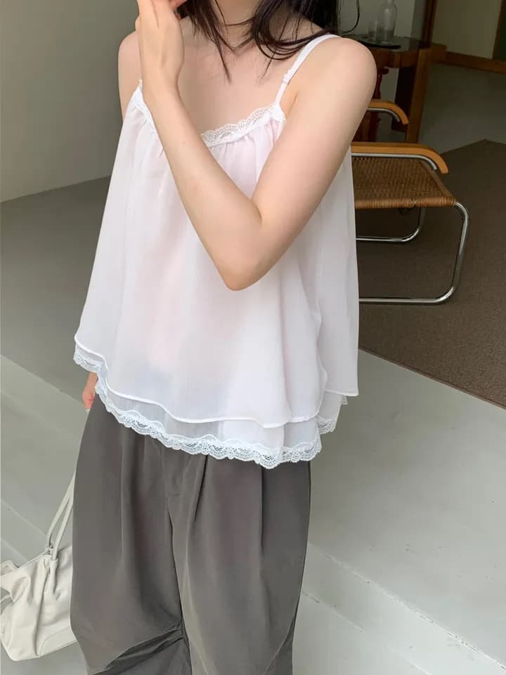 chic 한 부서 여름 프랑스식 섹시함 순수한 욕망 레이스 레이스 달콤함 더블 계단식 착용 민소매 슬립 쉬폰 톱 상세 이미지 23