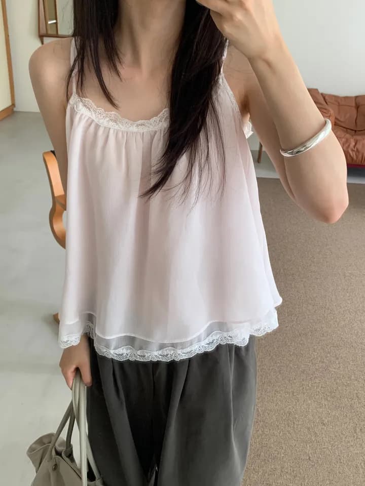chic 한 부서 여름 프랑스식 섹시함 순수한 욕망 레이스 레이스 달콤함 더블 계단식 착용 민소매 슬립 쉬폰 톱 상세 이미지 26