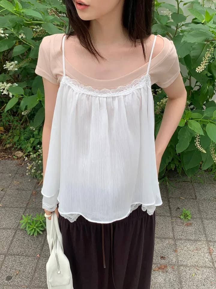chic 한 부서 여름 프랑스식 섹시함 순수한 욕망 레이스 레이스 달콤함 더블 계단식 착용 민소매 슬립 쉬폰 톱 상세 이미지 32