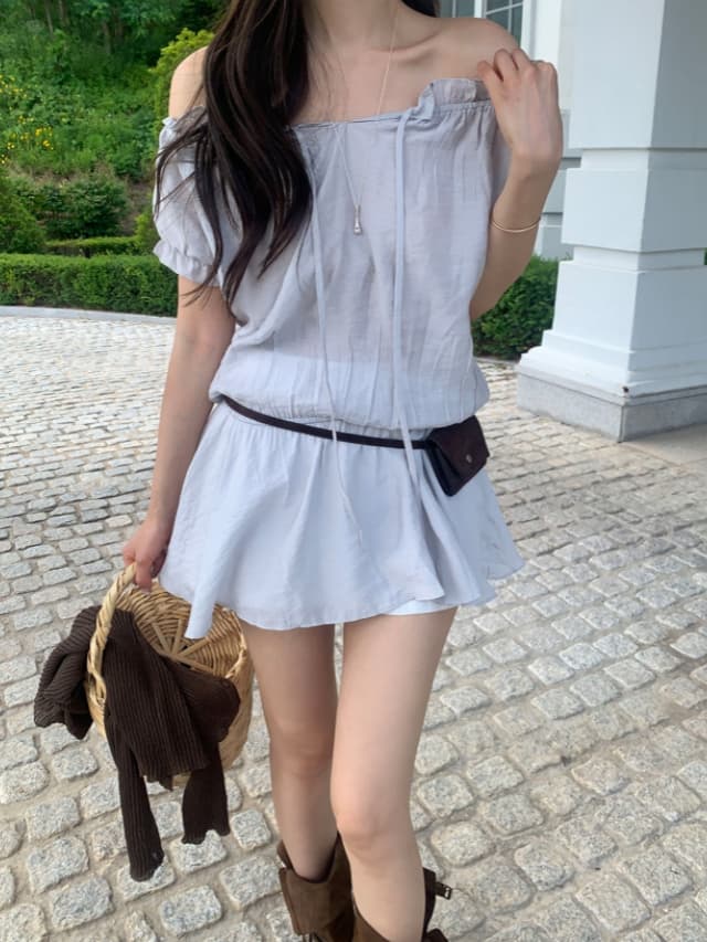 chic 한 부서 프랑스식 달콤함 부드러운 프릴 오프숄더 보트넥 허리 수축 반팔 작은 키 미니 스커트 드레스 이미지 3