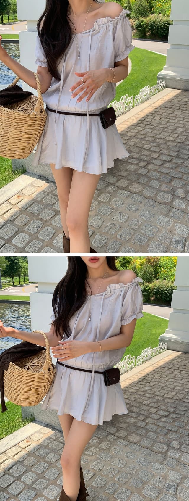 chic 한 부서 프랑스식 달콤함 부드러운 프릴 오프숄더 보트넥 허리 수축 반팔 작은 키 미니 스커트 드레스 상세 이미지 5