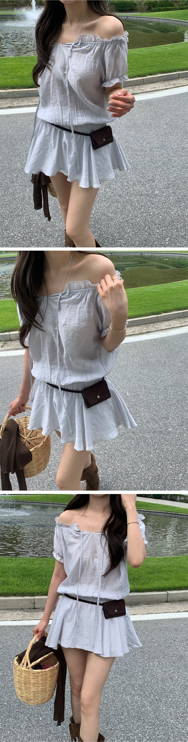 chic 한 부서 프랑스식 달콤함 부드러운 프릴 오프숄더 보트넥 허리 수축 반팔 작은 키 미니 스커트 드레스 상세 이미지 7