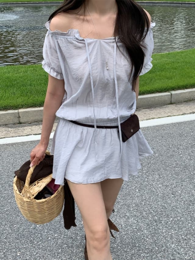 chic 한 부서 프랑스식 달콤함 부드러운 프릴 오프숄더 보트넥 허리 수축 반팔 작은 키 미니 스커트 드레스 상세 이미지 8