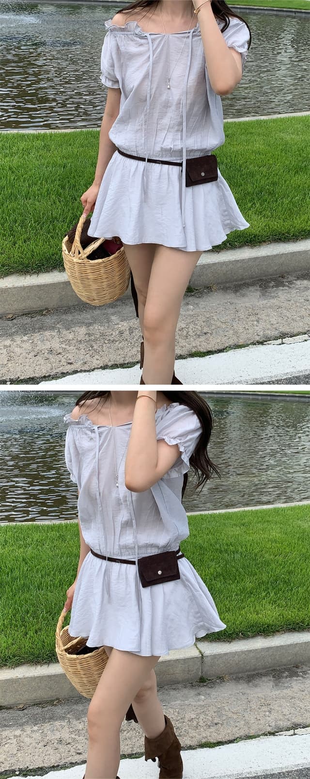 chic 한 부서 프랑스식 달콤함 부드러운 프릴 오프숄더 보트넥 허리 수축 반팔 작은 키 미니 스커트 드레스 상세 이미지 10