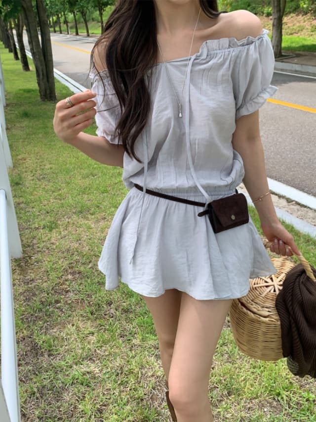 chic 한 부서 프랑스식 달콤함 부드러운 프릴 오프숄더 보트넥 허리 수축 반팔 작은 키 미니 스커트 드레스 상세 이미지 12