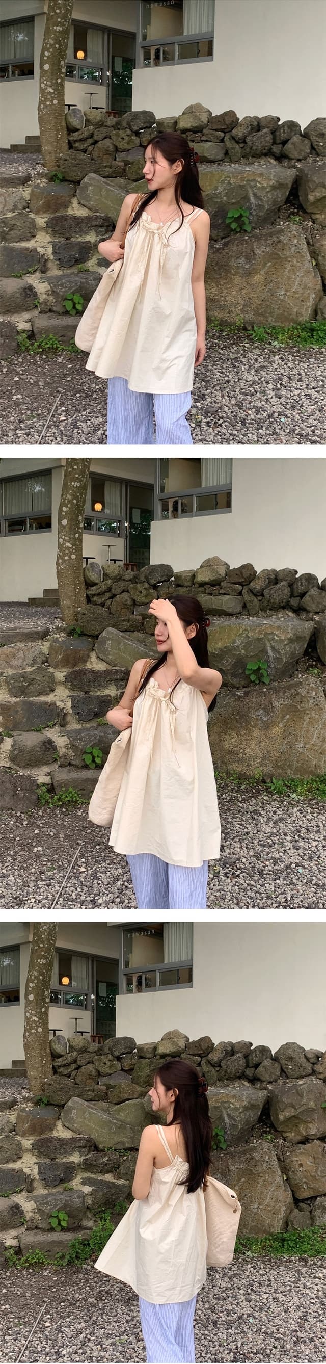 chic 한 부서 여름 달콤함 순수한 욕망 작은 대중 더블 어깨끈 펌프 로프 루즈핏 캐주얼 휴가 다용도 슬립 드레스 상세 이미지 8