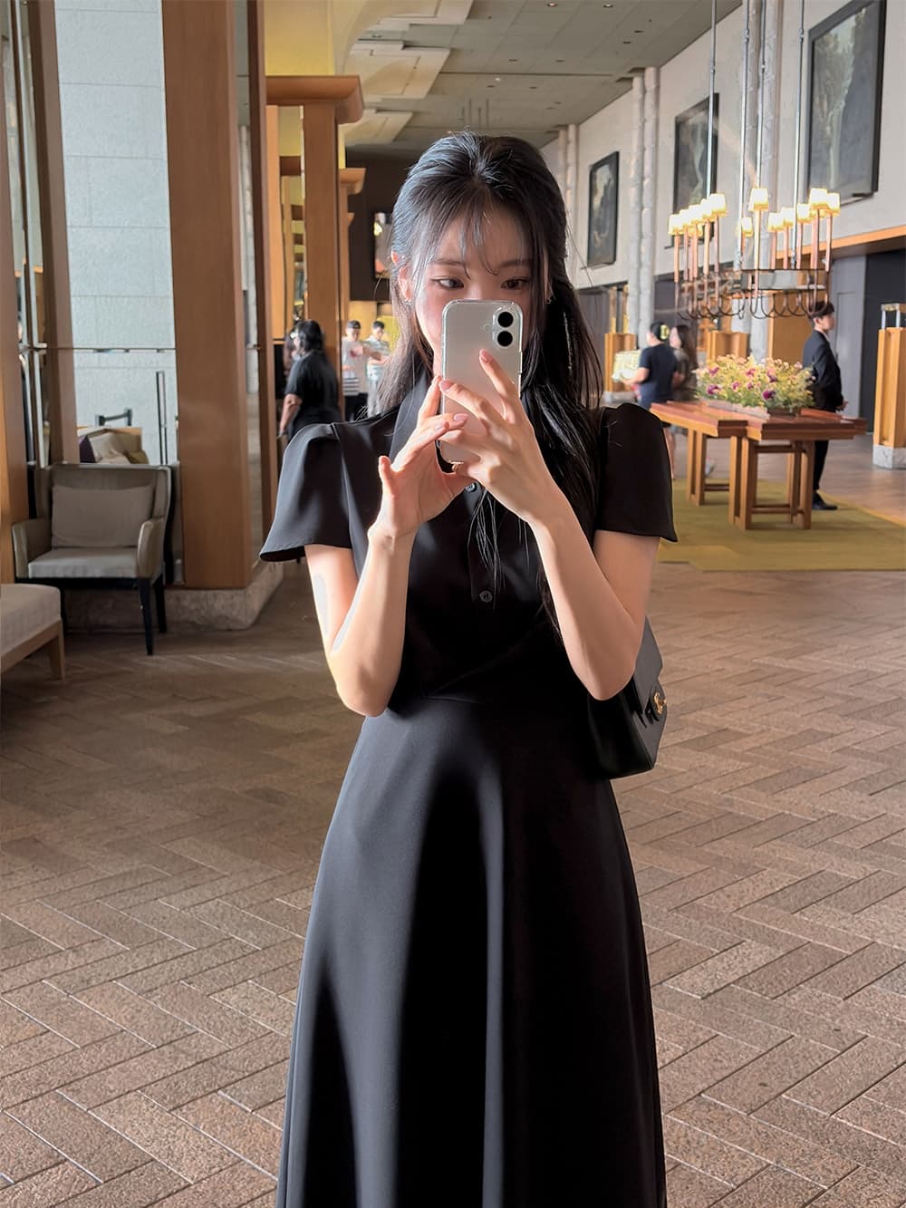chic 한 부서 여름 프랑스식 레트로 우아함 품격 폴로 칼라 거품 소매 레이스업 허리 수축 셔츠 드레스 드레스 이미지 2